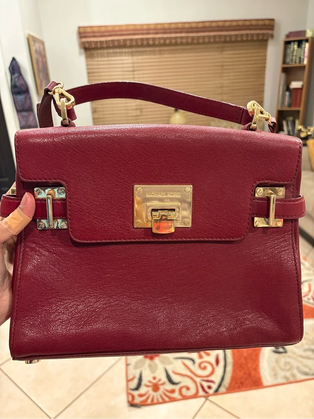 Michael Kors Wine Leather Top-Handle Satchel with Gold Hardware